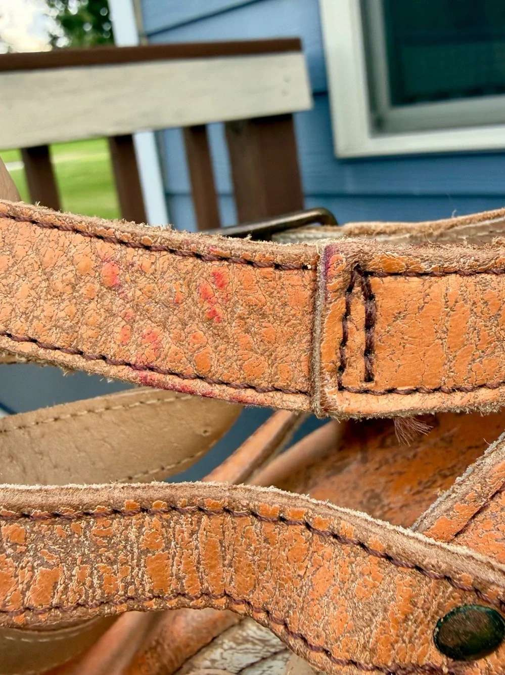 Bed Stu Juliana Sandals Sz 8.5B Strappy Wooden Platform Distressed Orange Rustic
